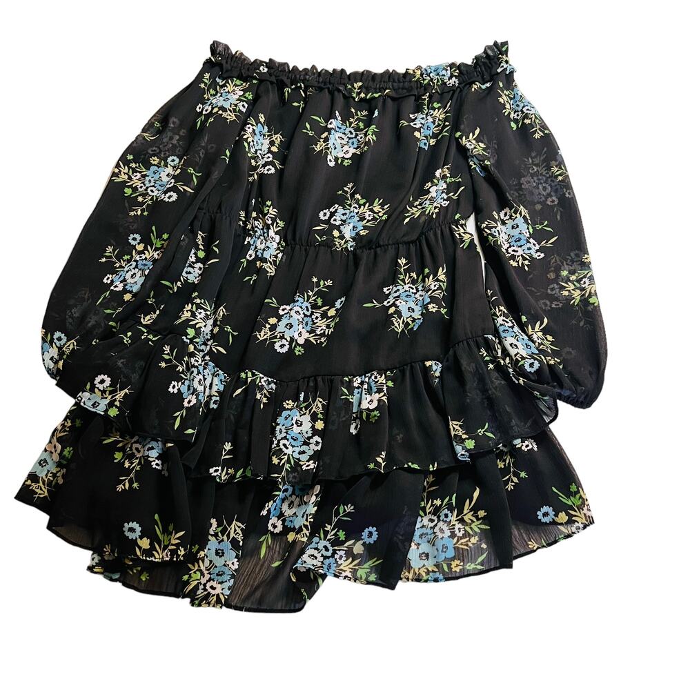 Aqua Floral Off Shoulder Layered Dress Size M Medium Black Multicolored